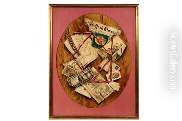 Trompe L'oeil In Mixed Media Of A Plank Wall With Various Bits Of Ephemera Pinned Up By A Red Ribbon Oil Painting by Jules-Descartes Ferat