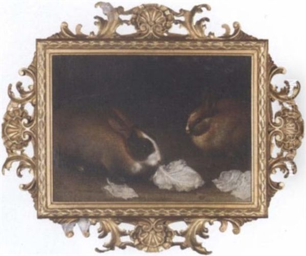 Two Rabbits With Lettuce Leaves Oil Painting by Francesco (Imperiali) Ferdinandi