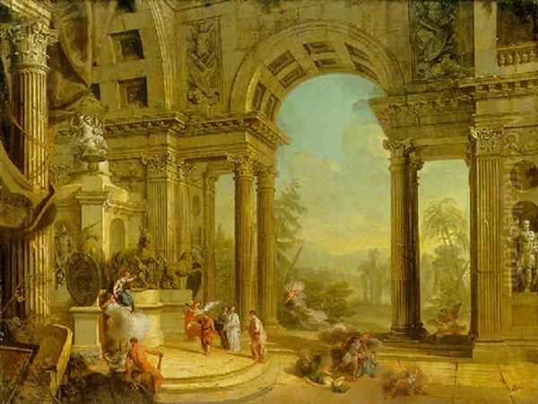 An Allegorical Monument To King George 1: The Interior Of A Classical Building Representing The Temple Of Fame Oil Painting by Francesco (Imperiali) Ferdinandi