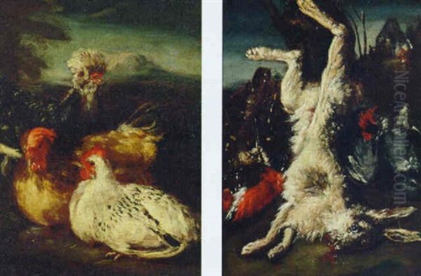 A Cockerel And Hens In A Landscape Oil Painting by Francesco (Imperiali) Ferdinandi