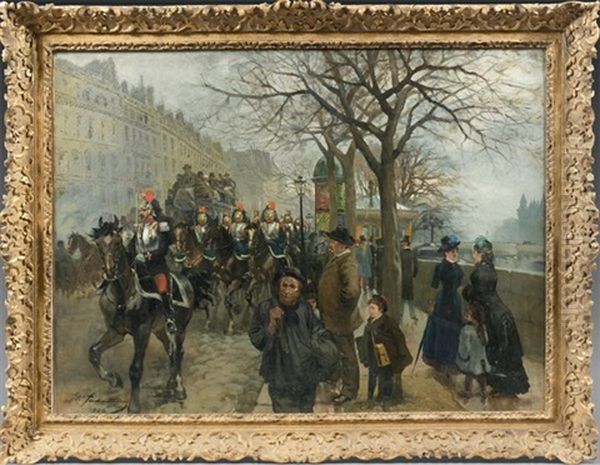 Passage De La Garde Republicaine Sur Les Quais Pres Du Pont Neuf Oil Painting by Alexandre Ferdinandus