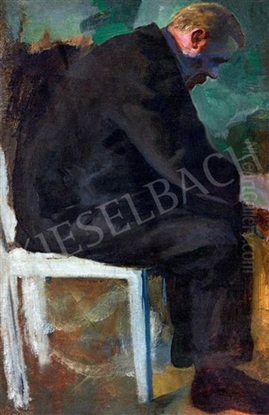 Study To The Shoe Buttoning Oil Painting by Karoly Ferenczy