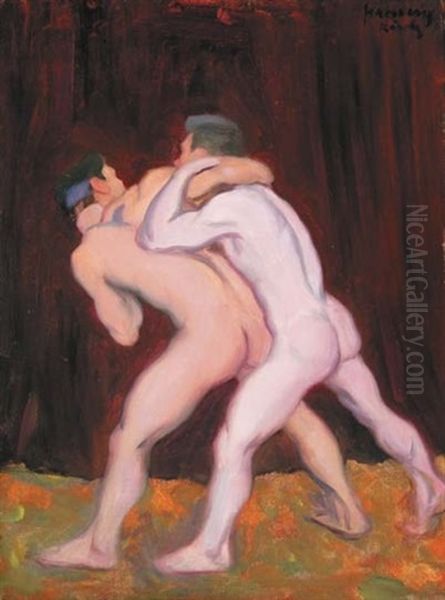 Wrestlers Iii Oil Painting by Karoly Ferenczy