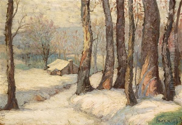 A Winter Landscape Oil Painting by Karoly Ferenczy