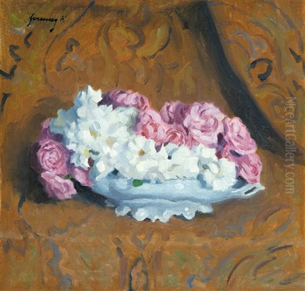 Pink And White Roses In A Bowl Oil Painting by Karoly Ferenczy