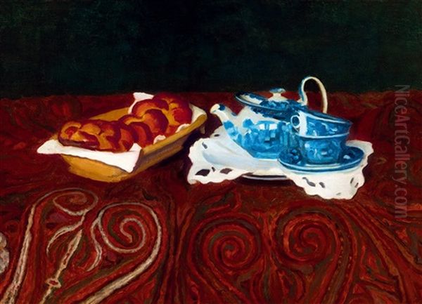 Milk Loaf And Blue China (before Afternoon Tea) Oil Painting by Karoly Ferenczy