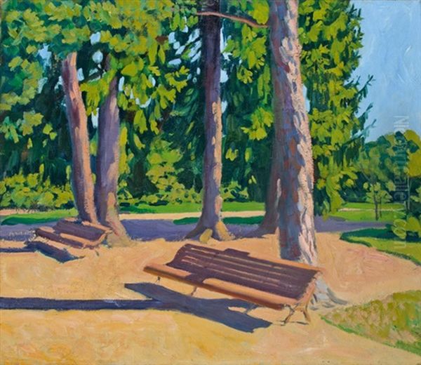 Parkreszlet Padokkal (napos Fenyok A Nagybanyai Ligetben) Oil Painting by Karoly Ferenczy