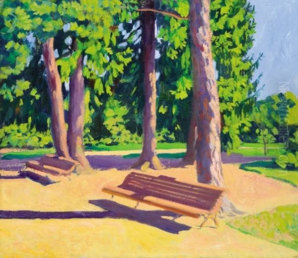 Park Detail With Benches Oil Painting by Karoly Ferenczy