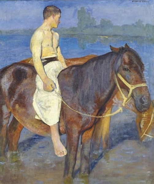 Boy At The Riverside Oil Painting by Karoly Ferenczy