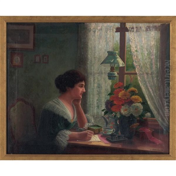 Woman At Desk Oil Painting by Karoly Ferenczy