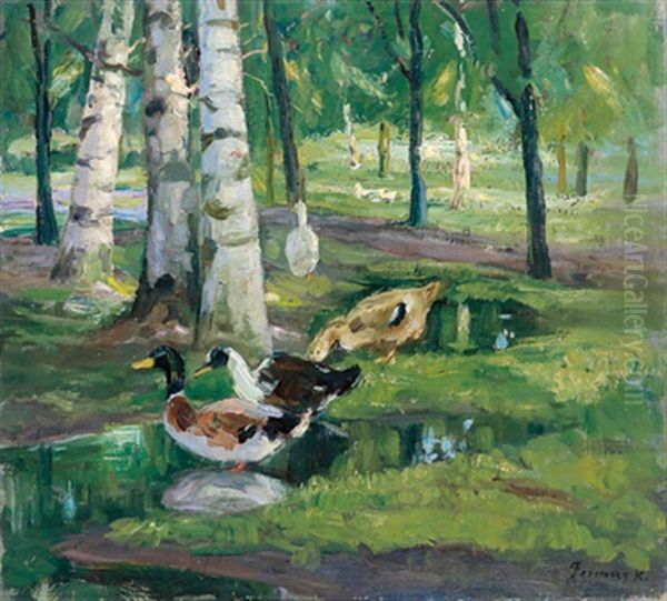 Enten Am Weiher Im Birkenwald Oil Painting by Karoly Ferenczy