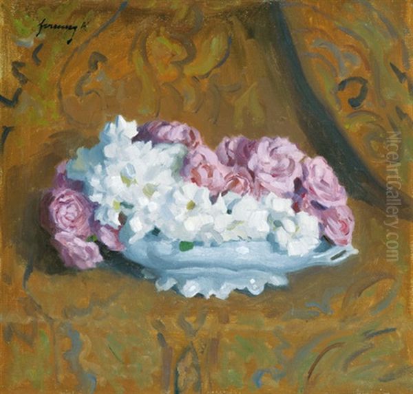 Purple And White Roses On A Plate Oil Painting by Karoly Ferenczy