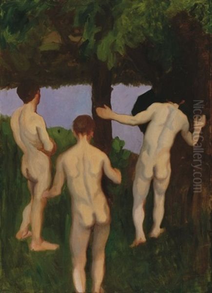 Est (furdozo Ferfiak) (evening - Bathing Men) Oil Painting by Karoly Ferenczy