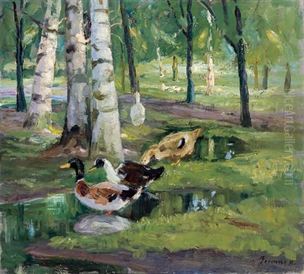 Enten Am Weiher Im Birkenwald Oil Painting by Karoly Ferenczy