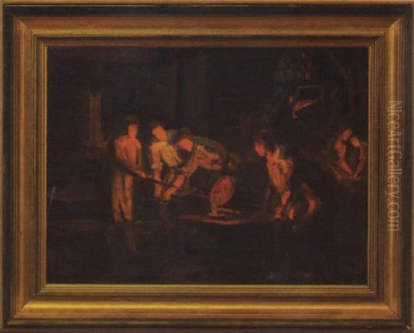 Foundry Scene With Iron Workers Oil Painting by Karoly Ferenczy