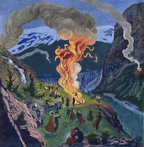 Midsummer Eve Bonfire Oil Painting by Nikolai Astrup