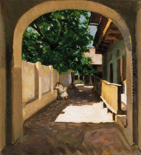 Nagybanyai Udvar (courtyard In Nagybanya) Oil Painting by Valer Ferenczy