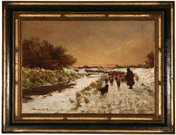 Winter Landscape- Shepherd And Flock Negotiating A Snowbound River by Blaskovits Ferenz