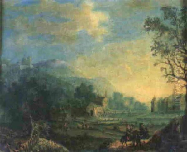 A Rhineland Landscape With Riders On A Wooden Bridge, Men Loading Barrels On To A Boat Oil Painting by Adam Pankratz Ferg