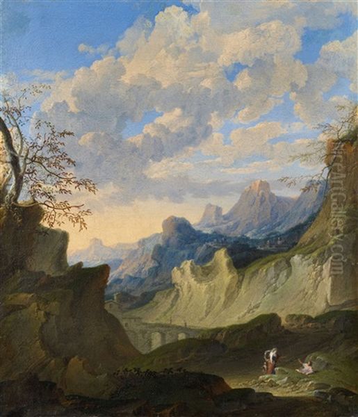 Figures In A Rocky Landscape Oil Painting by Franz de Paula Ferg