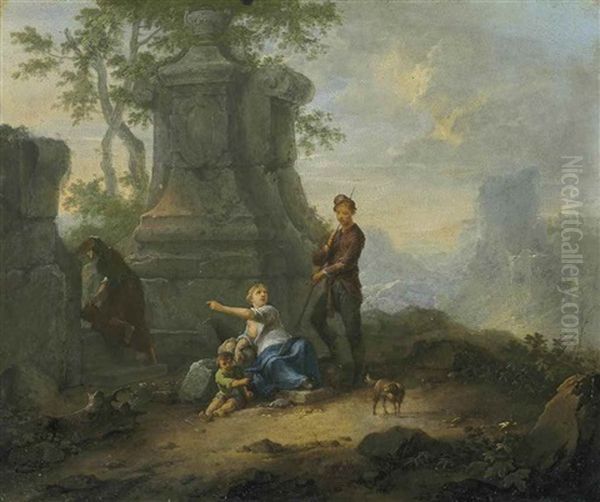 Travelers Resting By A Classical Ruin Oil Painting by Franz de Paula Ferg