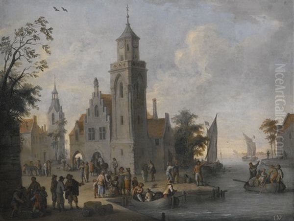 A Townscape With A Clock Tower, With Figures On The Quay And In Boats On A River Oil Painting by Franz de Paula Ferg