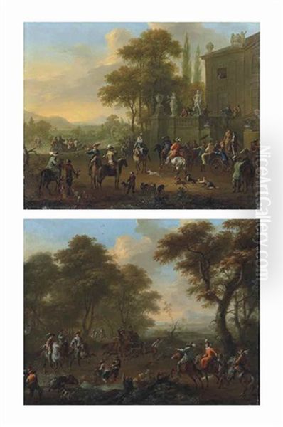 An Elegant Party At A Country House, Preparing To Set Out For The Hunt; And An Elegant Hunting Party Capturing A Stag And Boar Oil Painting by Franz de Paula Ferg