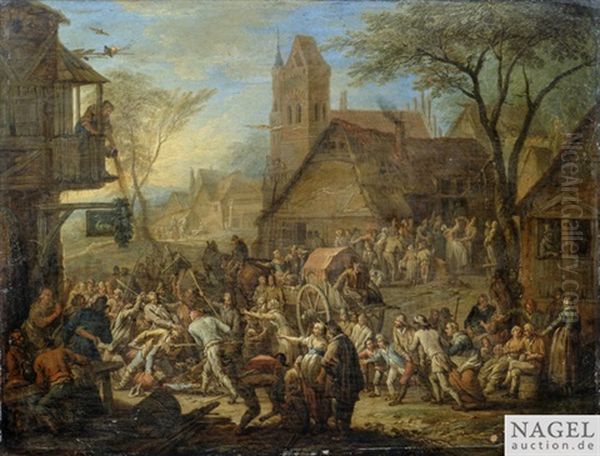 Belebte Dorfstrase Mit Raufenden Bauern Vor Einem Wirtshaus Oil Painting by Franz de Paula Ferg