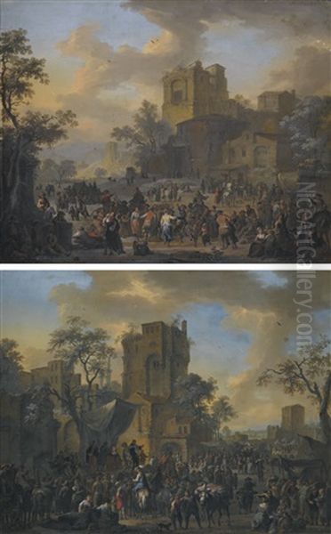 A Pair Of Italianate Village Landscapes, With Peasants Making Merry In The Foreground Oil Painting by Franz de Paula Ferg