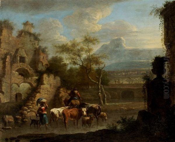 Hirtenpaar Mit Viehherde Vor Sudlicher Landschaft Mit Ruinen Oil Painting by Franz de Paula Ferg