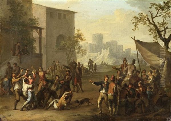 Brawl Outside A Tavern Oil Painting by Franz de Paula Ferg