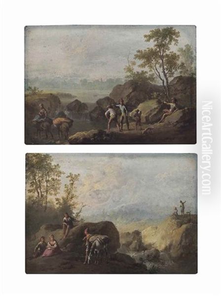 A River Landscape With Travellers Resting On Banks; And A River Landscape With Travellers Crossing A River Oil Painting by Franz de Paula Ferg