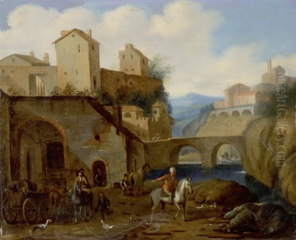 Beim Hufschmied Vor Einer Befestigung Mit Fluss Und Brucke Oil Painting by Franz de Paula Ferg