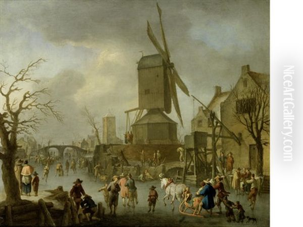 A Winter Landscape With A Windmill And Figures Sledging And Skating In The Foreground Oil Painting by Franz de Paula Ferg