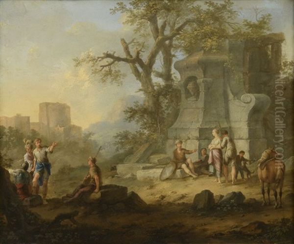 Paysage Italien Avec Des Figures Pres D'une Fontaine Oil Painting by Franz de Paula Ferg