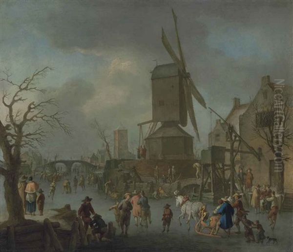 A Winter Landscape With Villagers Skating And Sledging On A Frozen Canal By A Windmill Oil Painting by Franz de Paula Ferg