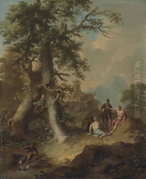 A Wooded Landscape With Soldiers And Other Figures Resting, With A Classical Tomb Beyond Oil Painting by Franz de Paula Ferg