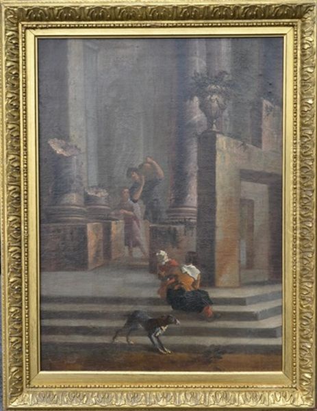 A Mother And Child Seated On The Steps Of A Classical Building With Other Figures Nearby Oil Painting by Franz de Paula Ferg