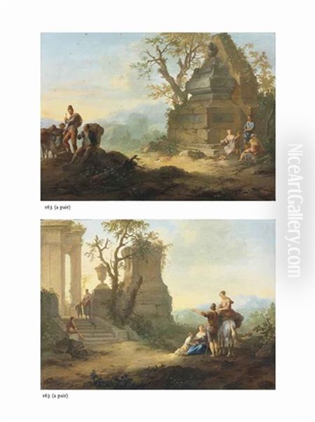 A Mountainous Landscape With Travellers Resting By An Edifice (+ A Mountainous Landscape With Travellers And A Horse Resting By A Classical Ruin; Pair) Oil Painting by Franz de Paula Ferg