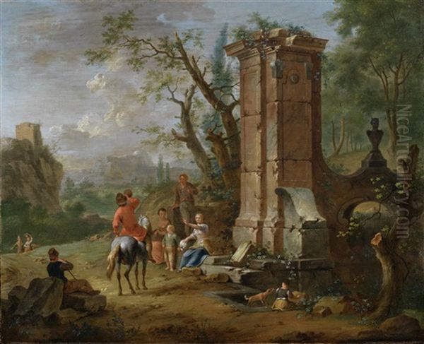 Figures In An Italianate Landscape, Before Ruins Oil Painting by Franz de Paula Ferg