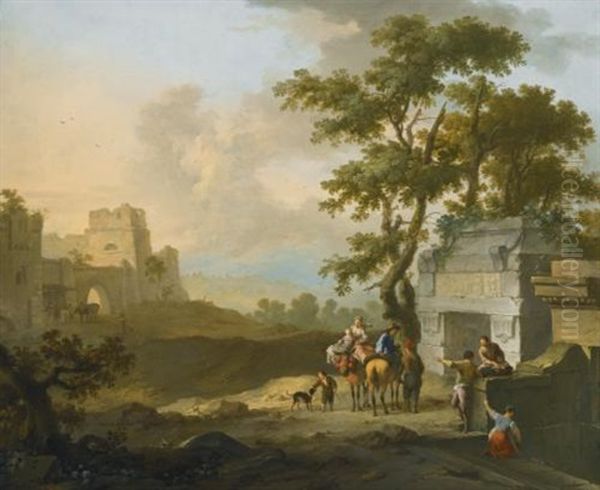 An Italianate Landscape With Figures By Classical Ruins Oil Painting by Franz de Paula Ferg