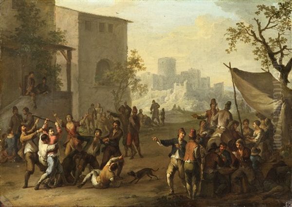 Scuffle In Front Of A Tavern Oil Painting by Franz de Paula Ferg