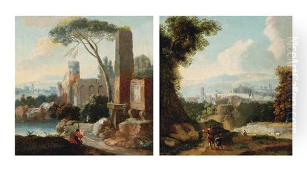 An Italianate Landscape With Travellers... (+ An Italianate River Landscape With An Angler On The Bank And Ruins, A Town Beyond; Pair) by Franz de Paula Ferg