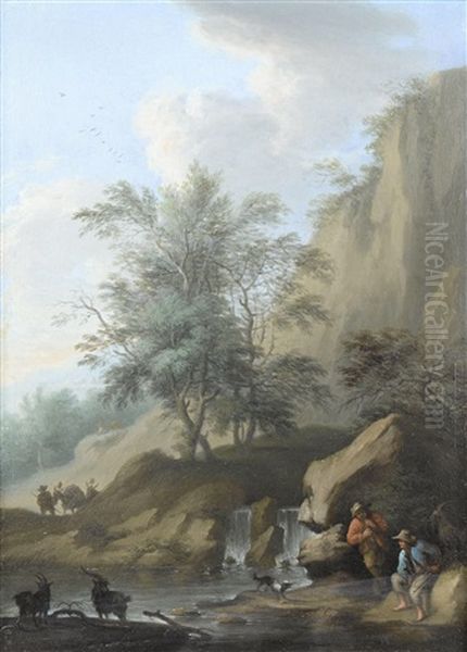 Goatherds And Their Flock Resting Before A Waterfall; Travellers Resting Beside A Country Path (pair) Oil Painting by Franz de Paula Ferg