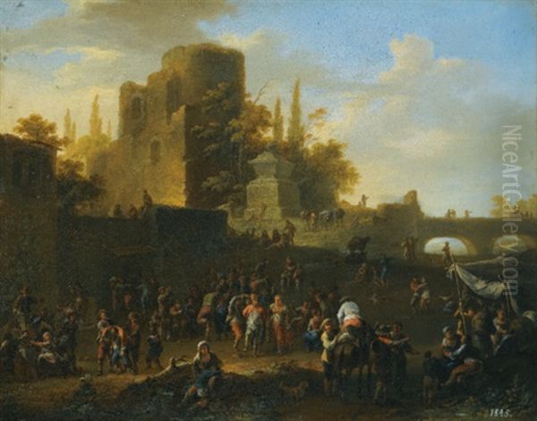 A Kermesse With Villagers By Ruins Oil Painting by Franz de Paula Ferg