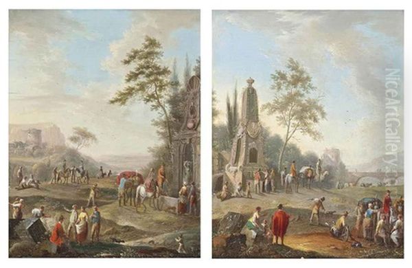 A Landscape With Travellers Conversing Near A Classical Monument... (+ A Landscape With Travellers Watering Their Horses...; Pair) Oil Painting by Franz de Paula Ferg