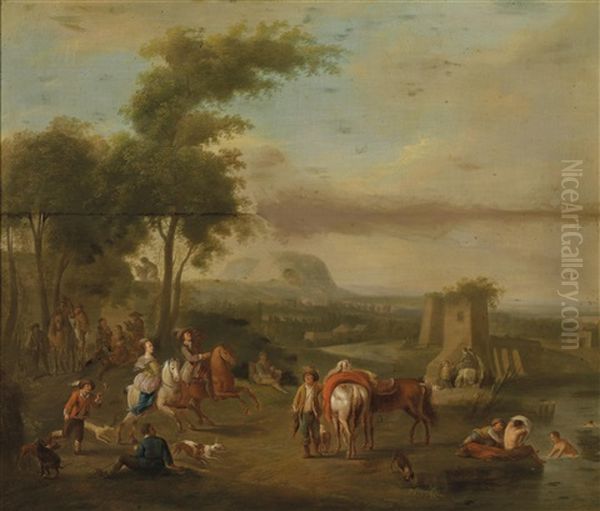 Landschaft Mit Jagdgesellschaft (+ Another, Similar; Pair) Oil Painting by Franz de Paula Ferg