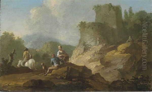 Landscape With Travellers And Ruins Oil Painting by Franz de Paula Ferg