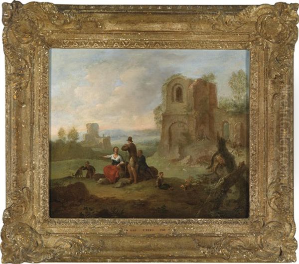 Ruinenlandschaft Mit Reitern (+ Another, Similar; Pair) Oil Painting by Franz de Paula Ferg