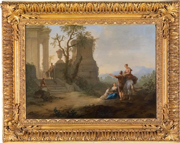 Sudliche Landschaft Mit Romischen Ruinen Und Bauerlicher Figurenstaffage (+ Another; Pair) Oil Painting by Franz de Paula Ferg